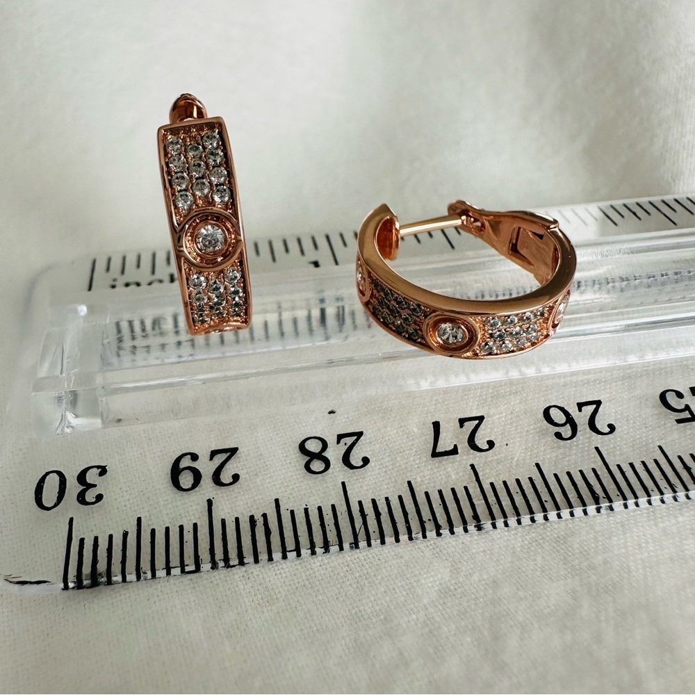 Love Earrings Sterling Silver 925 Simulated Diamond Pave 18k Rose Gold Overlay - Picture 7 of 11